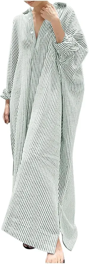 Womens Long Sleeve Button Down Shirt Dress Casual Striped Print Maxi Dresses Loose Fit Floor Length Slit Dress