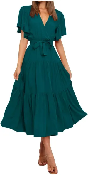 Women's Maxi Dress Summer Casual Loose Solid Color Dress 2024 Swing Waist V-Neck Short Sleeve Maxi Dresses, S-2XL