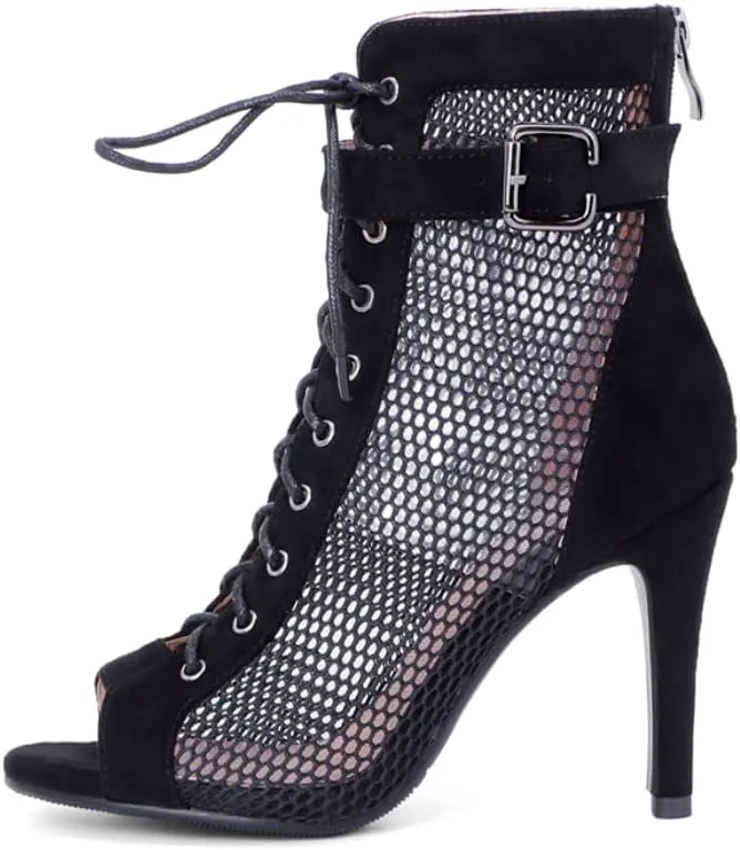Women's Mesh Stitched Leather Cross Lacing Tall Ballroom Shoes Latin Salsa Jazz Performence Shoes,Model K92
