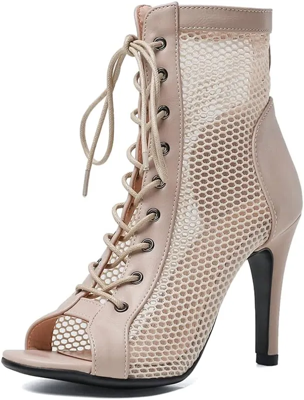 Women's Mesh Stitched Leather Cross Lacing Tall Ballroom Shoes Latin Salsa Jazz Performence Shoes,Model K92