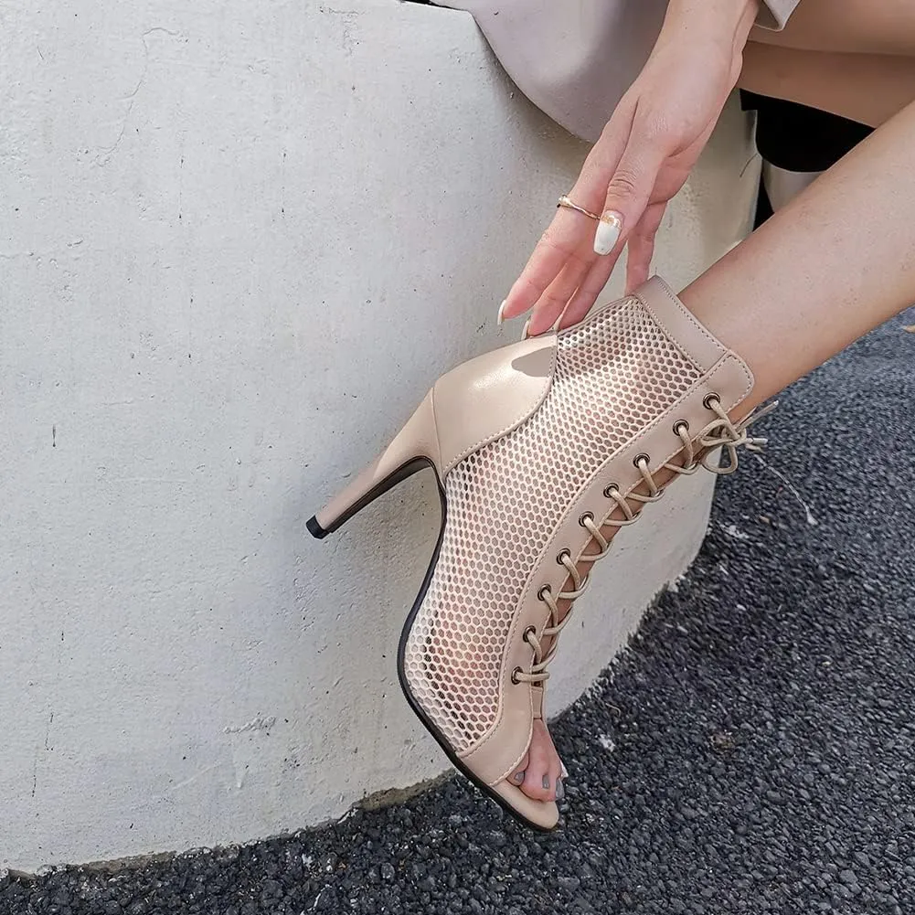 Women's Mesh Stitched Leather Cross Lacing Tall Ballroom Shoes Latin Salsa Jazz Performence Shoes,Model K92