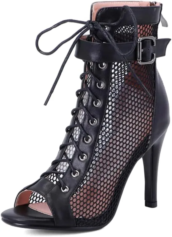 Women's Mesh Stitched Leather Cross Lacing Tall Ballroom Shoes Latin Salsa Jazz Performence Shoes,Model K92