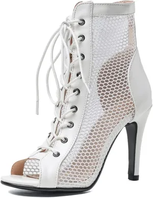 Women's Mesh Stitched Leather Cross Lacing Tall Ballroom Shoes Latin Salsa Jazz Performence Shoes,Model K92