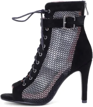 Women's Mesh Stitched Leather Cross Lacing Tall Ballroom Shoes Latin Salsa Jazz Performence Shoes,Model K92