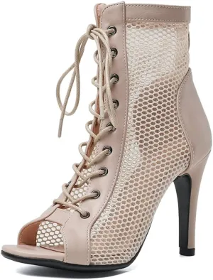 Women's Mesh Stitched Leather Cross Lacing Tall Ballroom Shoes Latin Salsa Jazz Performence Shoes,Model K92