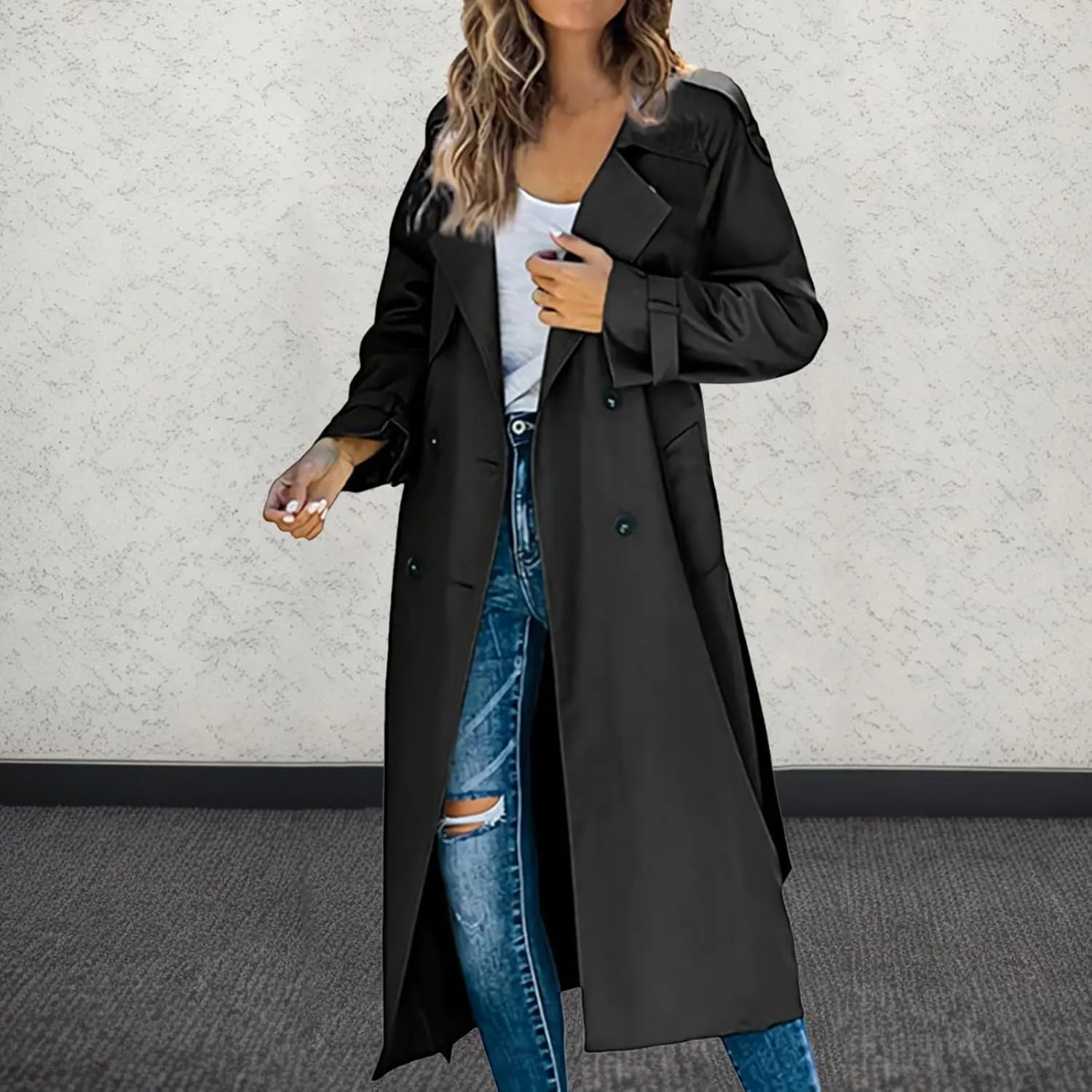Women's Mid Length Oversized Button Coats Casual Solid Color Long Sleeve With Belt Jackets Lapel Fall Winter Clothes