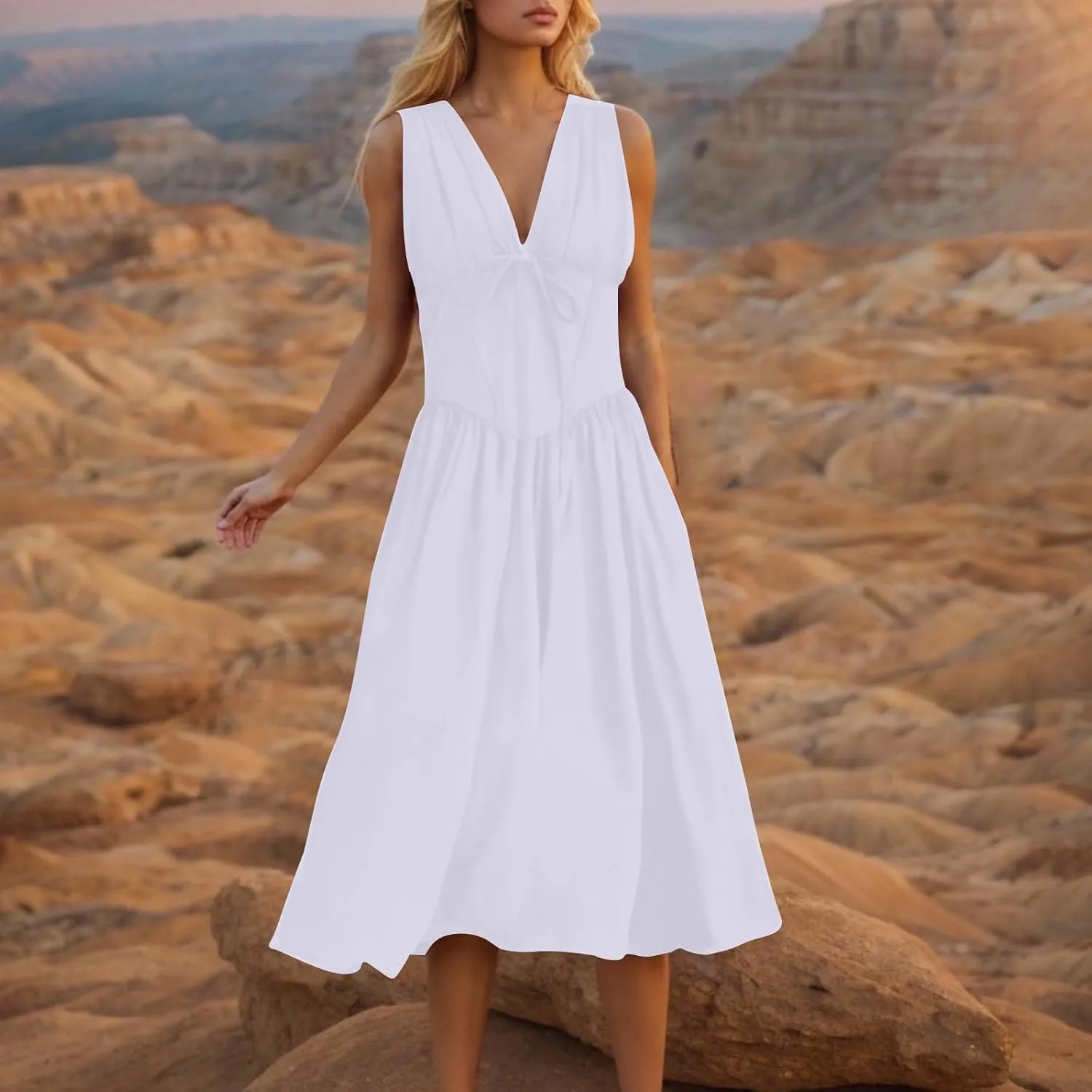 Womens Midi Dresses Plus Size Fashion Solid Color Lace up V-Neck Sleeveless Pleat Tank Dress Summer Beach Sundress