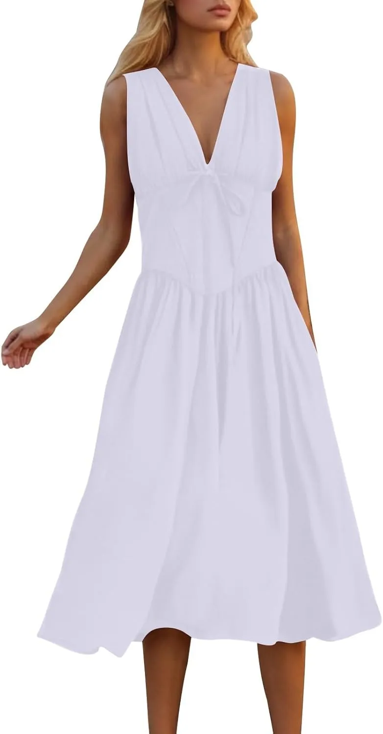 Womens Midi Dresses Plus Size Fashion Solid Color Lace up V-Neck Sleeveless Pleat Tank Dress Summer Beach Sundress