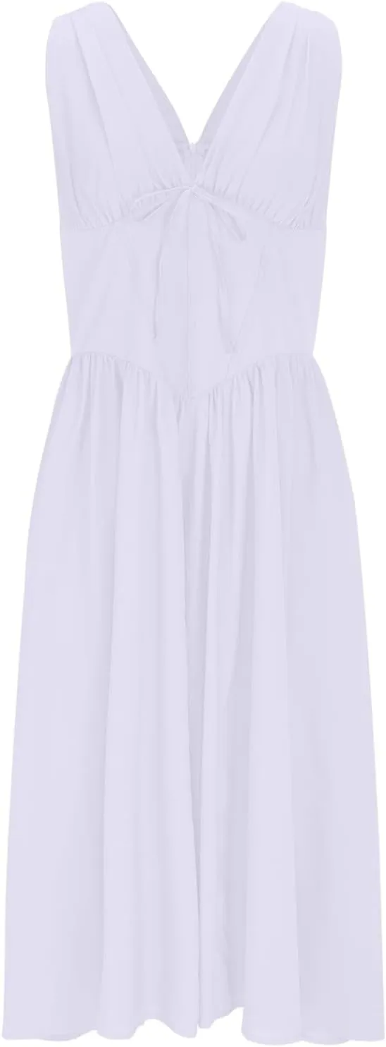 Womens Midi Dresses Plus Size Fashion Solid Color Lace up V-Neck Sleeveless Pleat Tank Dress Summer Beach Sundress