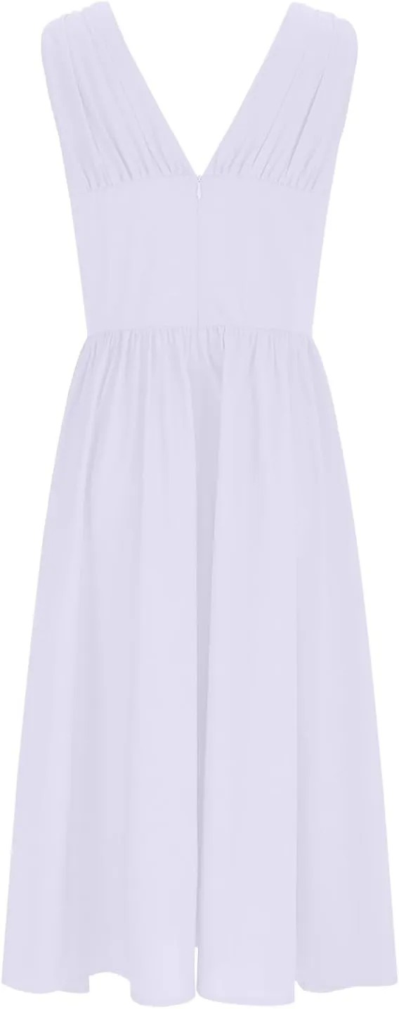 Womens Midi Dresses Plus Size Fashion Solid Color Lace up V-Neck Sleeveless Pleat Tank Dress Summer Beach Sundress