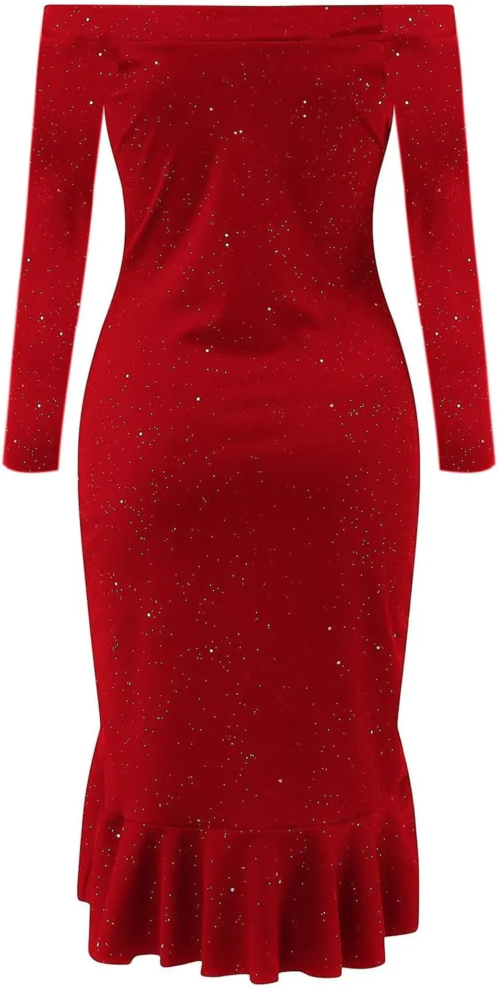 Womens Off Shoulder Sequin Dress Glitter Sparkle Prom Dress Bodycon Long Sleeve Ruffle Hem Split Midi Dress