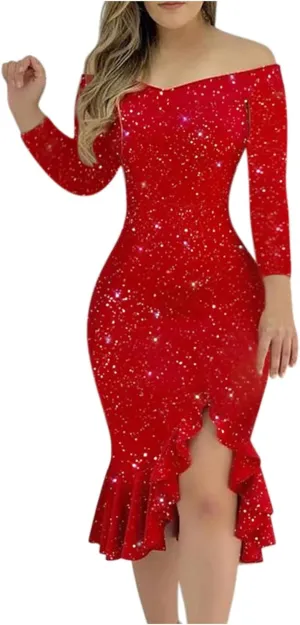 Womens Off Shoulder Sequin Dress Glitter Sparkle Prom Dress Bodycon Long Sleeve Ruffle Hem Split Midi Dress