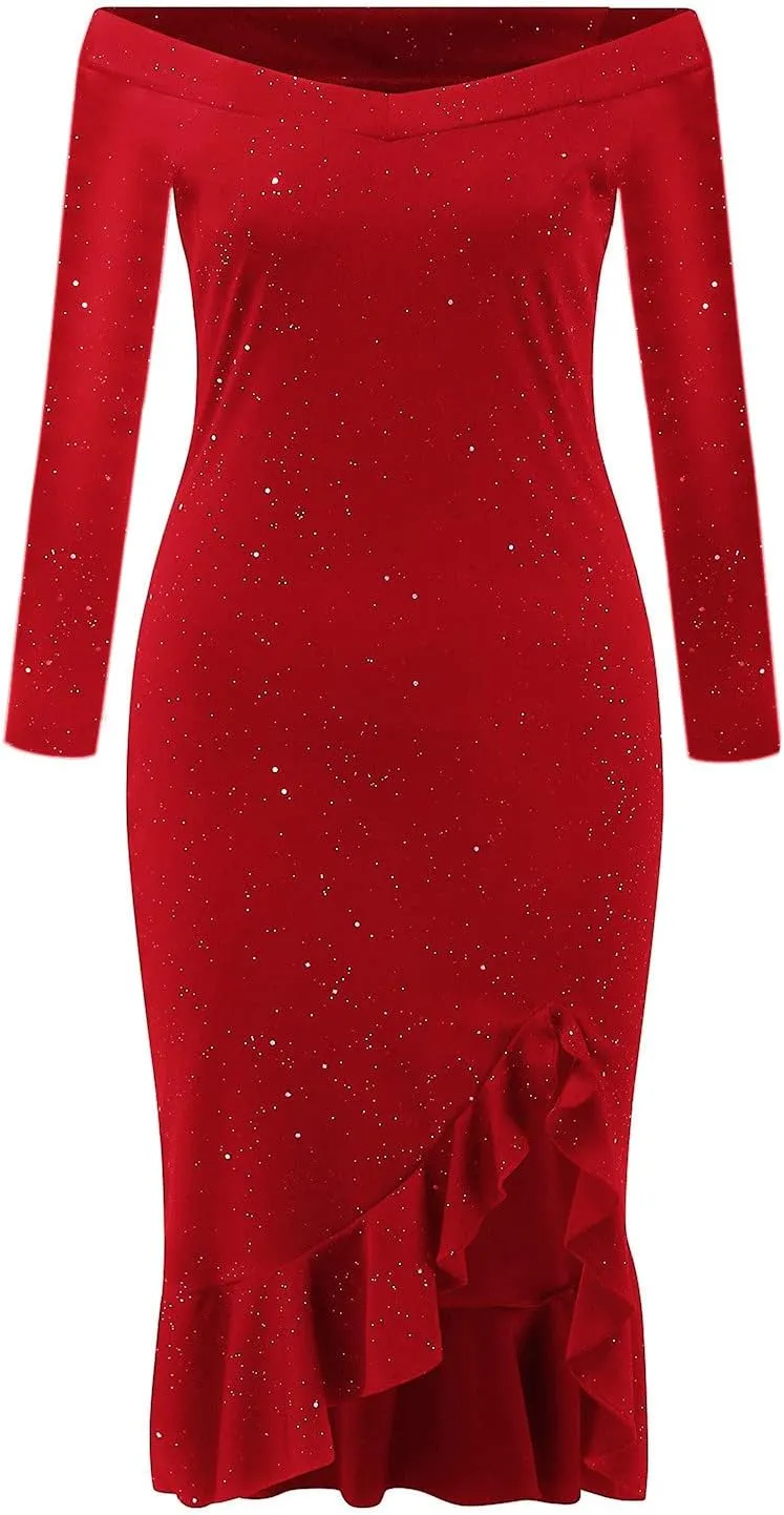Womens Off Shoulder Sequin Dress Glitter Sparkle Prom Dress Bodycon Long Sleeve Ruffle Hem Split Midi Dress