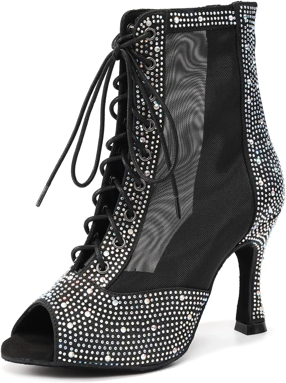 Women's Open Toe Dance Boots Mesh Lace up Ankle Boots Rhinestone Ballroom Dance Shoes