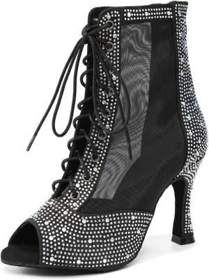 Women's Open Toe Dance Boots Mesh Lace up Ankle Boots Rhinestone Ballroom Dance Shoes