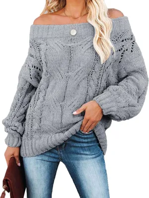 Women's Oversized Knit Crewneck Off Shoulder Long Sleeve Loose Solid Color Pullover Sweater Top