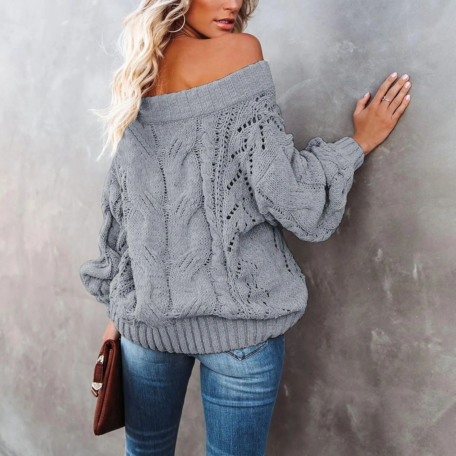Women's Oversized Knit Crewneck Off Shoulder Long Sleeve Loose Solid Color Pullover Sweater Top