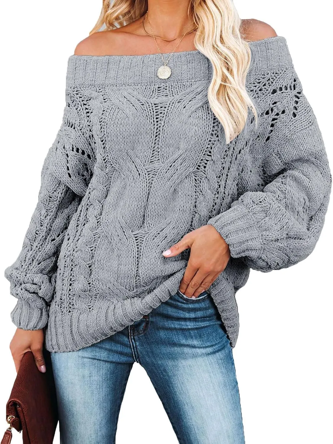 Women's Oversized Knit Crewneck Off Shoulder Long Sleeve Loose Solid Color Pullover Sweater Top