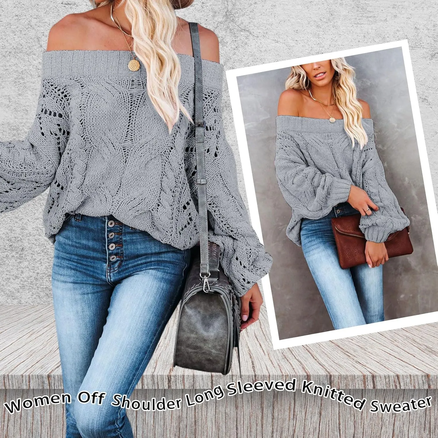 Women's Oversized Knit Crewneck Off Shoulder Long Sleeve Loose Solid Color Pullover Sweater Top