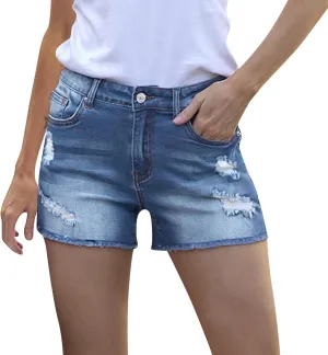 Womens Plus Size Jean Shorts High Waisted Stretchy Ripped Frayed Folded Hem Denim Shorts