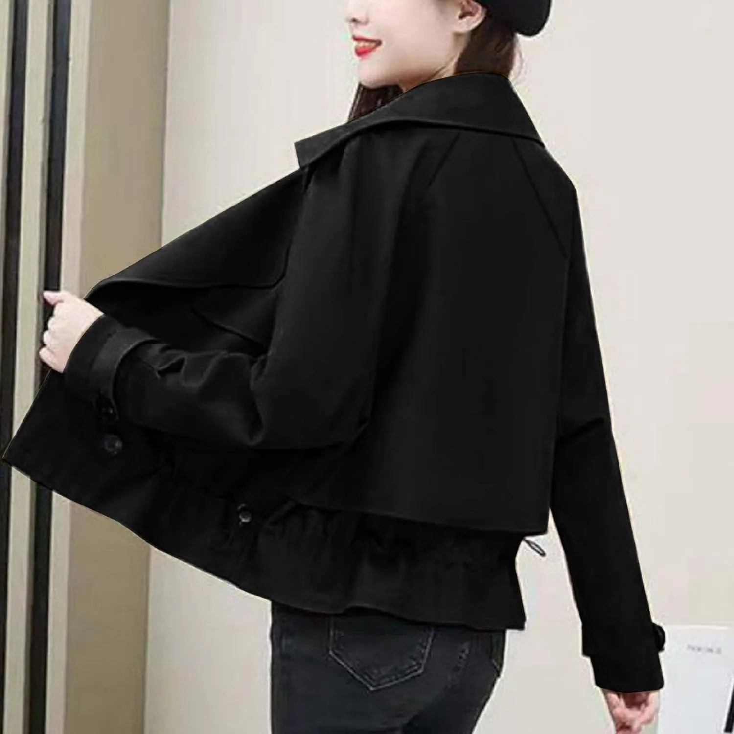 Women's Plus Size Korean Style Short Fashion Trench Coat Casual Notched Lapel Double Breasted Loose Cropped Jacket