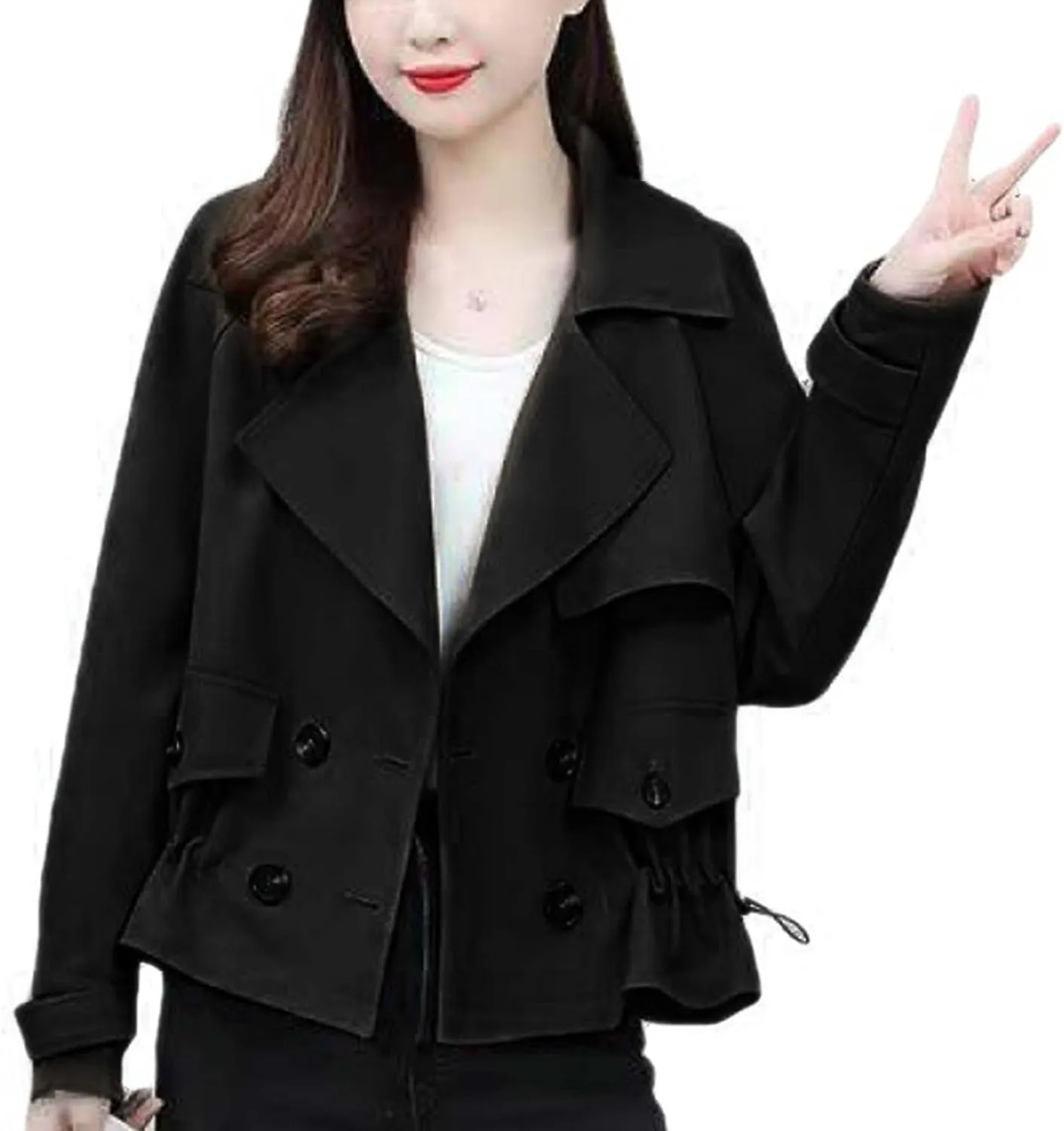 Women's Plus Size Korean Style Short Fashion Trench Coat Casual Notched Lapel Double Breasted Loose Cropped Jacket