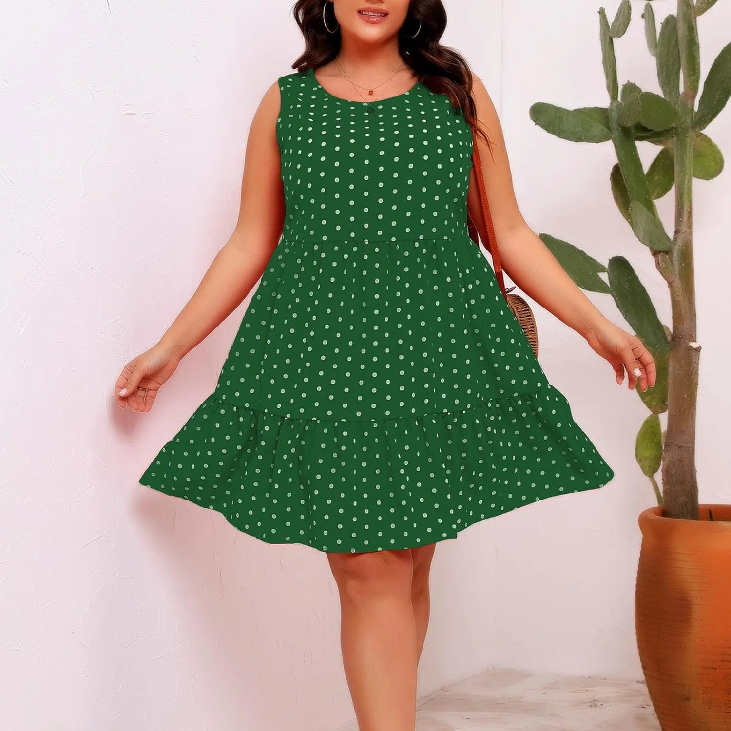 Womens Plus Size Tank Dresses Fashion Bohemian Polkadot Sleeveless Crewneck Swing Flowy Midi Dress Beach Sundress