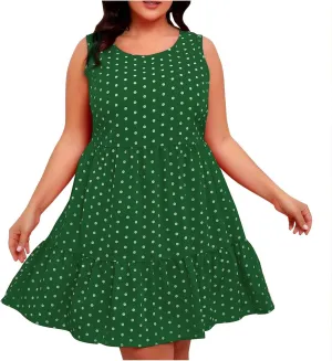 Womens Plus Size Tank Dresses Fashion Bohemian Polkadot Sleeveless Crewneck Swing Flowy Midi Dress Beach Sundress