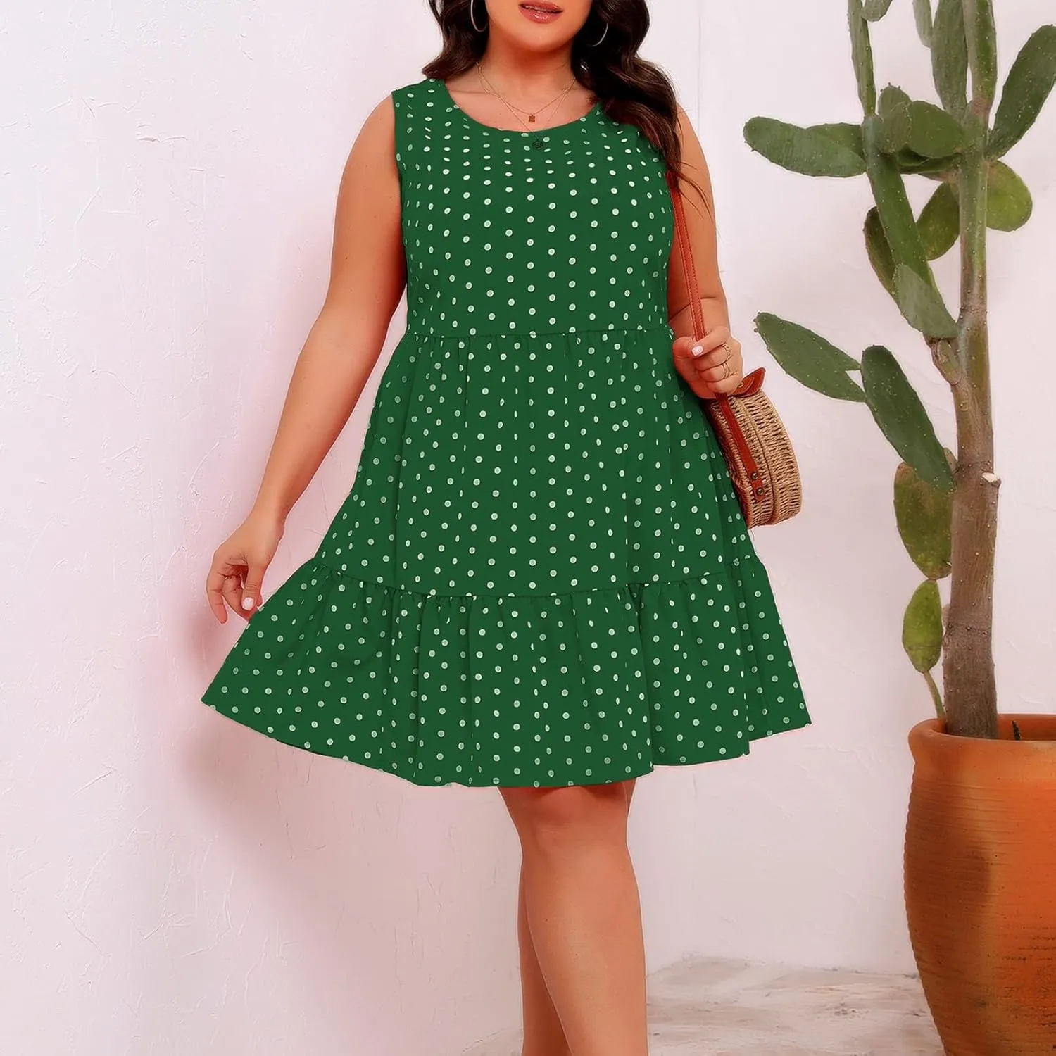 Womens Plus Size Tank Dresses Fashion Bohemian Polkadot Sleeveless Crewneck Swing Flowy Midi Dress Beach Sundress