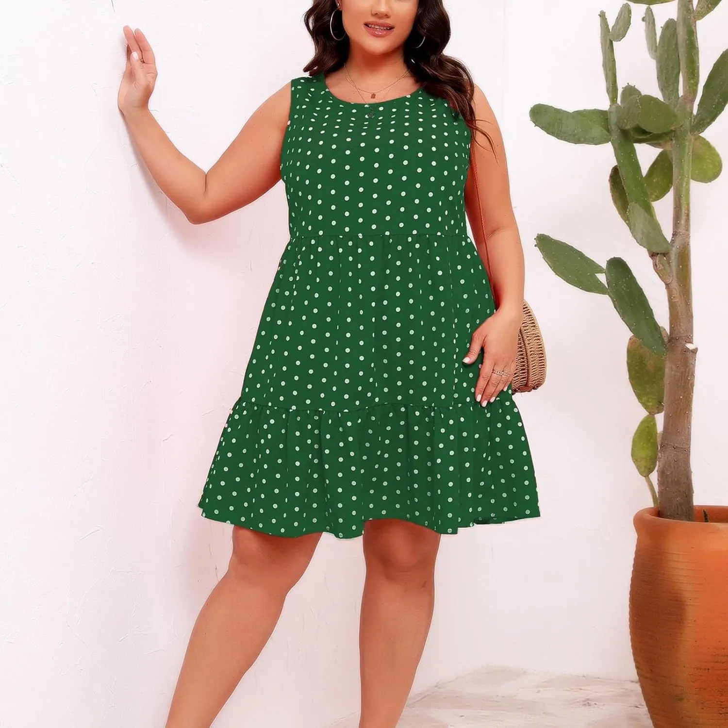 Womens Plus Size Tank Dresses Fashion Bohemian Polkadot Sleeveless Crewneck Swing Flowy Midi Dress Beach Sundress