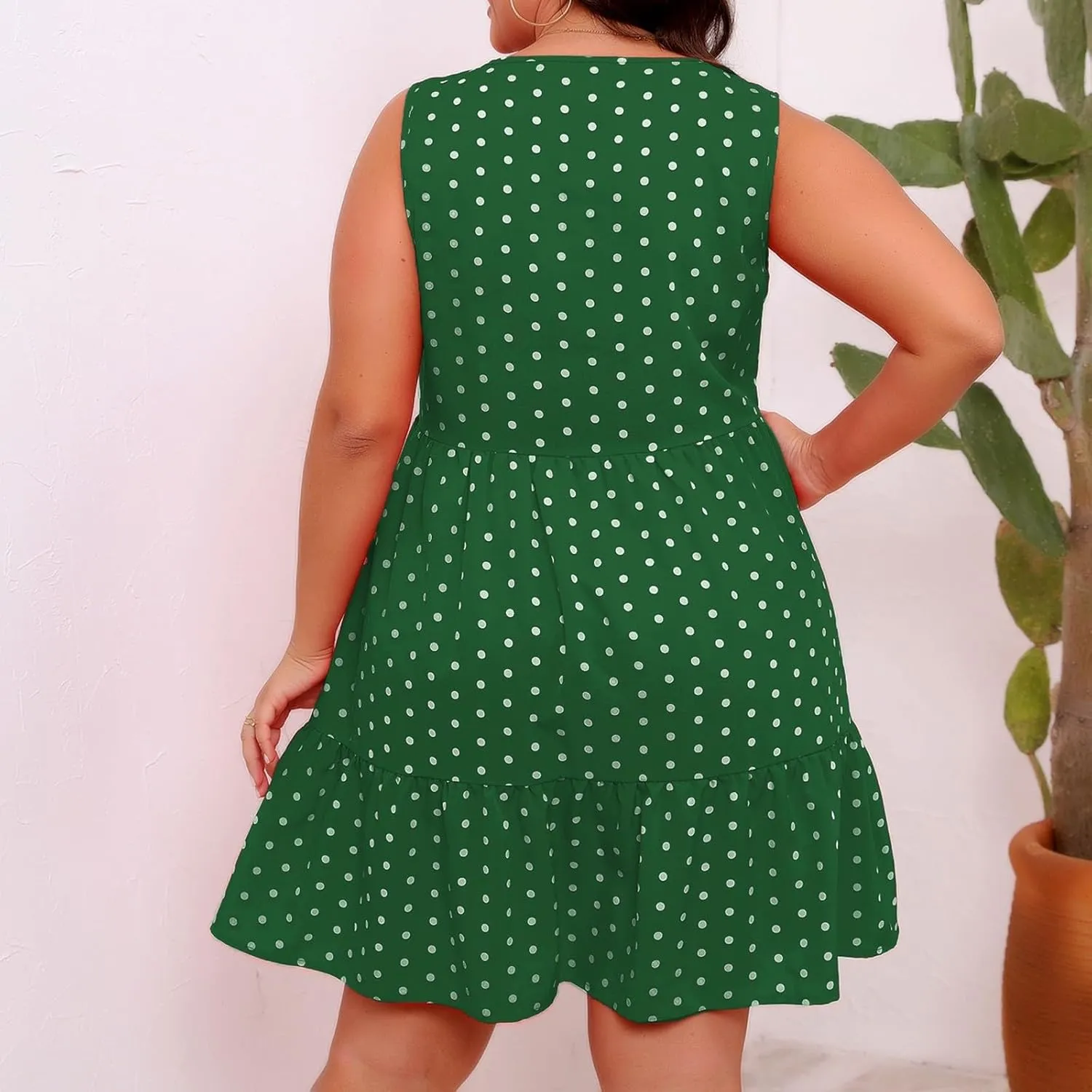 Womens Plus Size Tank Dresses Fashion Bohemian Polkadot Sleeveless Crewneck Swing Flowy Midi Dress Beach Sundress