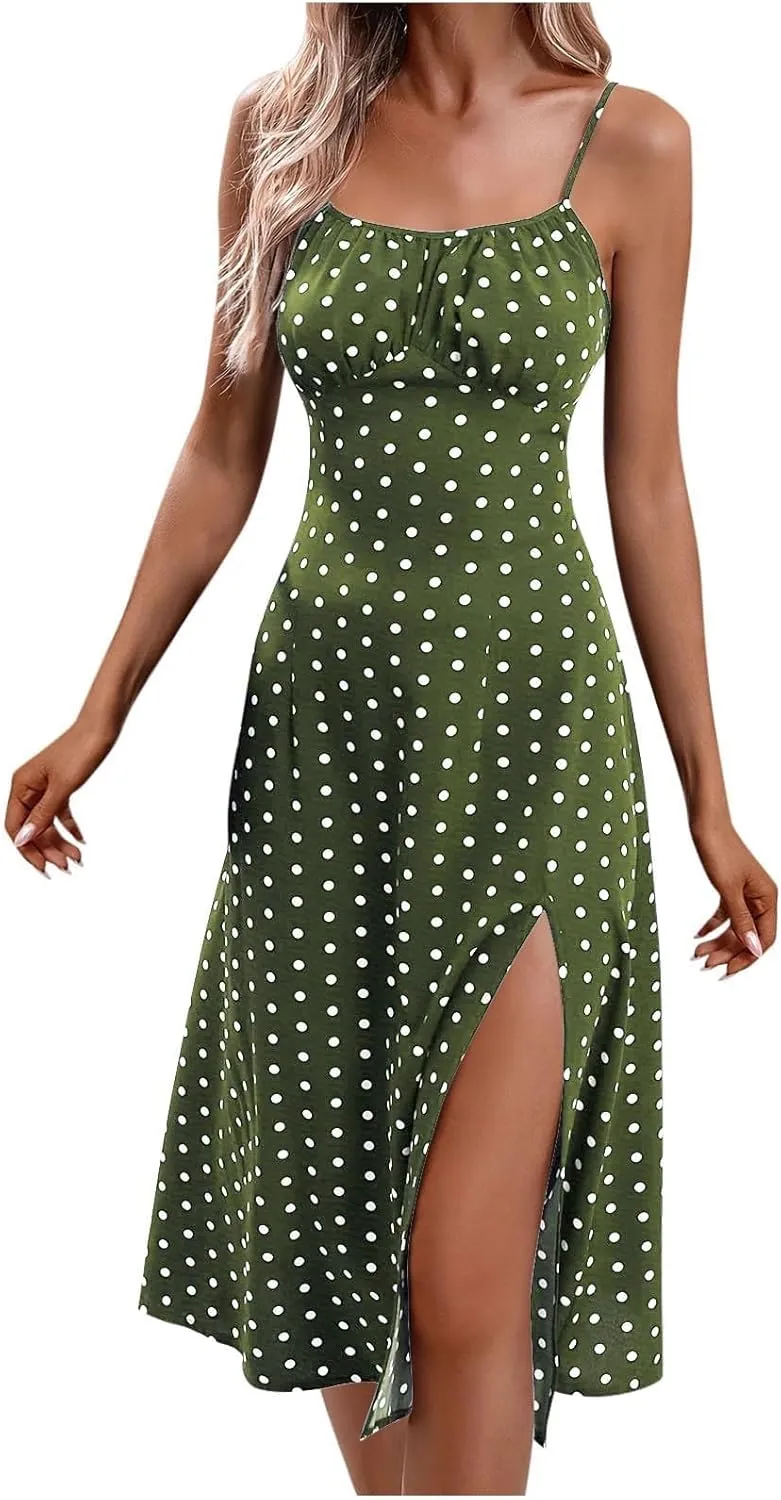 Womens Polka Dot Midi Dresses 2025 Spaghetti Strap Summer Dress with Side Slit Beach Vacation Wedding Guest Dress