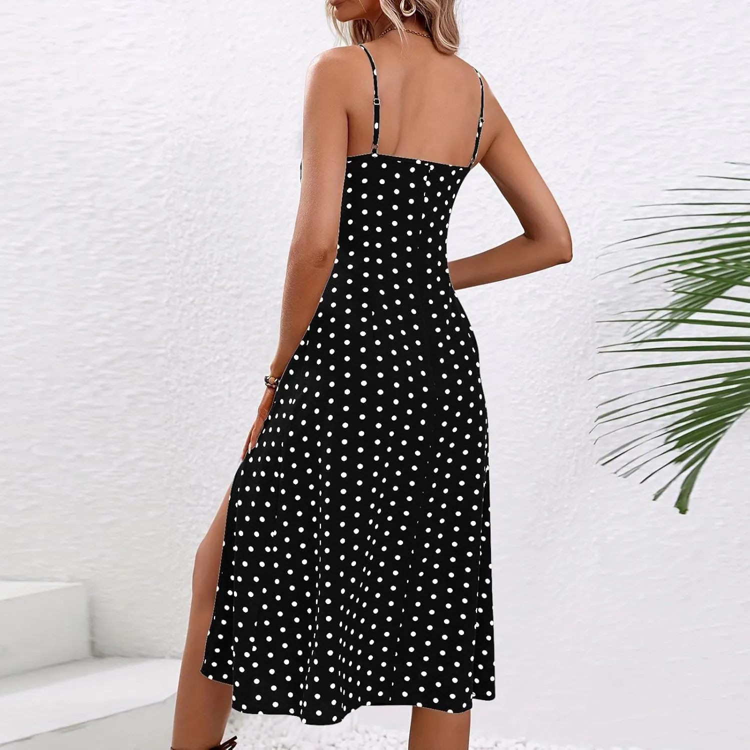 Womens Polka Dot Midi Dresses 2025 Spaghetti Strap Summer Dress with Side Slit Beach Vacation Wedding Guest Dress