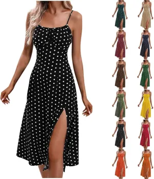 Womens Polka Dot Midi Dresses 2025 Spaghetti Strap Summer Dress with Side Slit Beach Vacation Wedding Guest Dress
