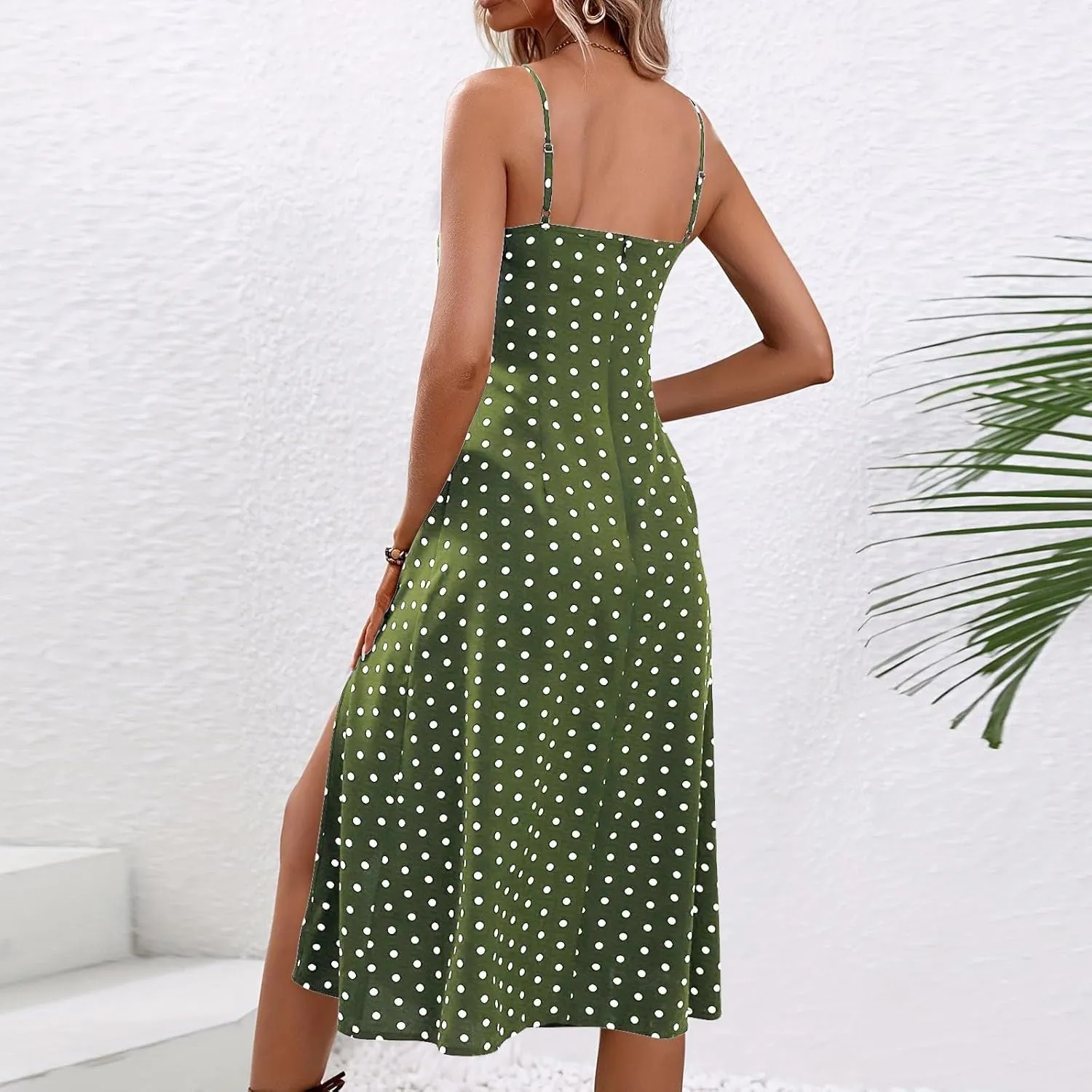 Womens Polka Dot Midi Dresses 2025 Spaghetti Strap Summer Dress with Side Slit Beach Vacation Wedding Guest Dress