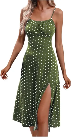 Womens Polka Dot Midi Dresses 2025 Spaghetti Strap Summer Dress with Side Slit Beach Vacation Wedding Guest Dress
