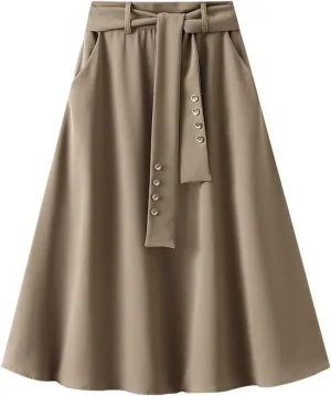 Women's Pure Color Pleated Skirt Fashion Casual Lace-Up High Waist Suit Skirt Flowy Swing Skater Flared Midi Skirts