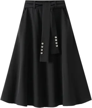 Women's Pure Color Pleated Skirt Fashion Casual Lace-Up High Waist Suit Skirt Flowy Swing Skater Flared Midi Skirts