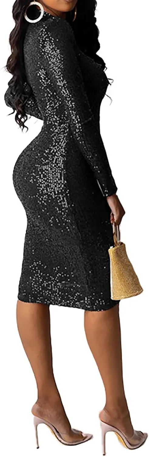 Women's Sexy Elegant Sequin Sparkly Dress Long Sleeve Bodycon Midi Dress Knee Length Cocktail Party Club Dresses