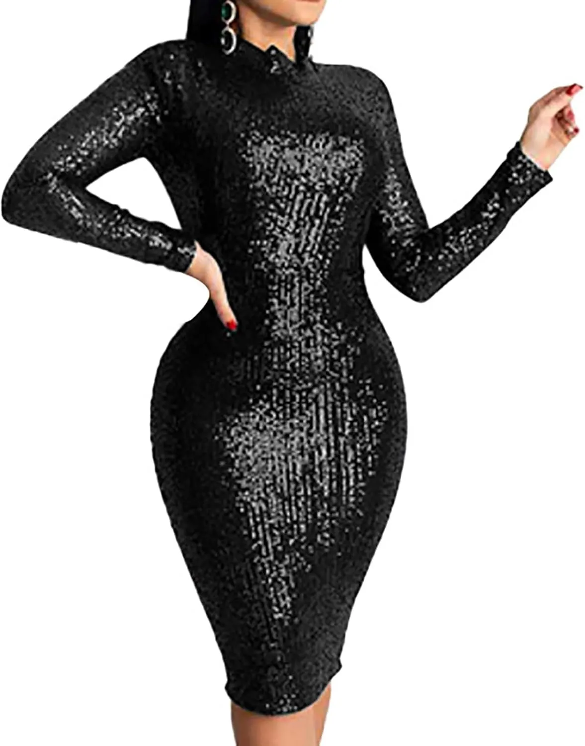 Women's Sexy Elegant Sequin Sparkly Dress Long Sleeve Bodycon Midi Dress Knee Length Cocktail Party Club Dresses