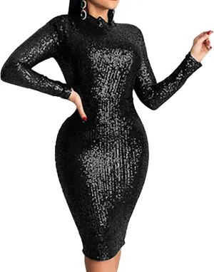 Women's Sexy Elegant Sequin Sparkly Dress Long Sleeve Bodycon Midi Dress Knee Length Cocktail Party Club Dresses