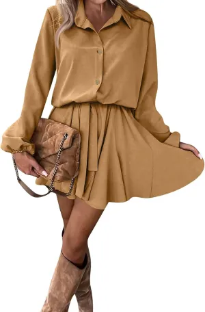Womens Shirt Dresses Long Sleeve Collar Button Up Work Flowy A-Line Tie Waist Short Mini Dress with Pockets