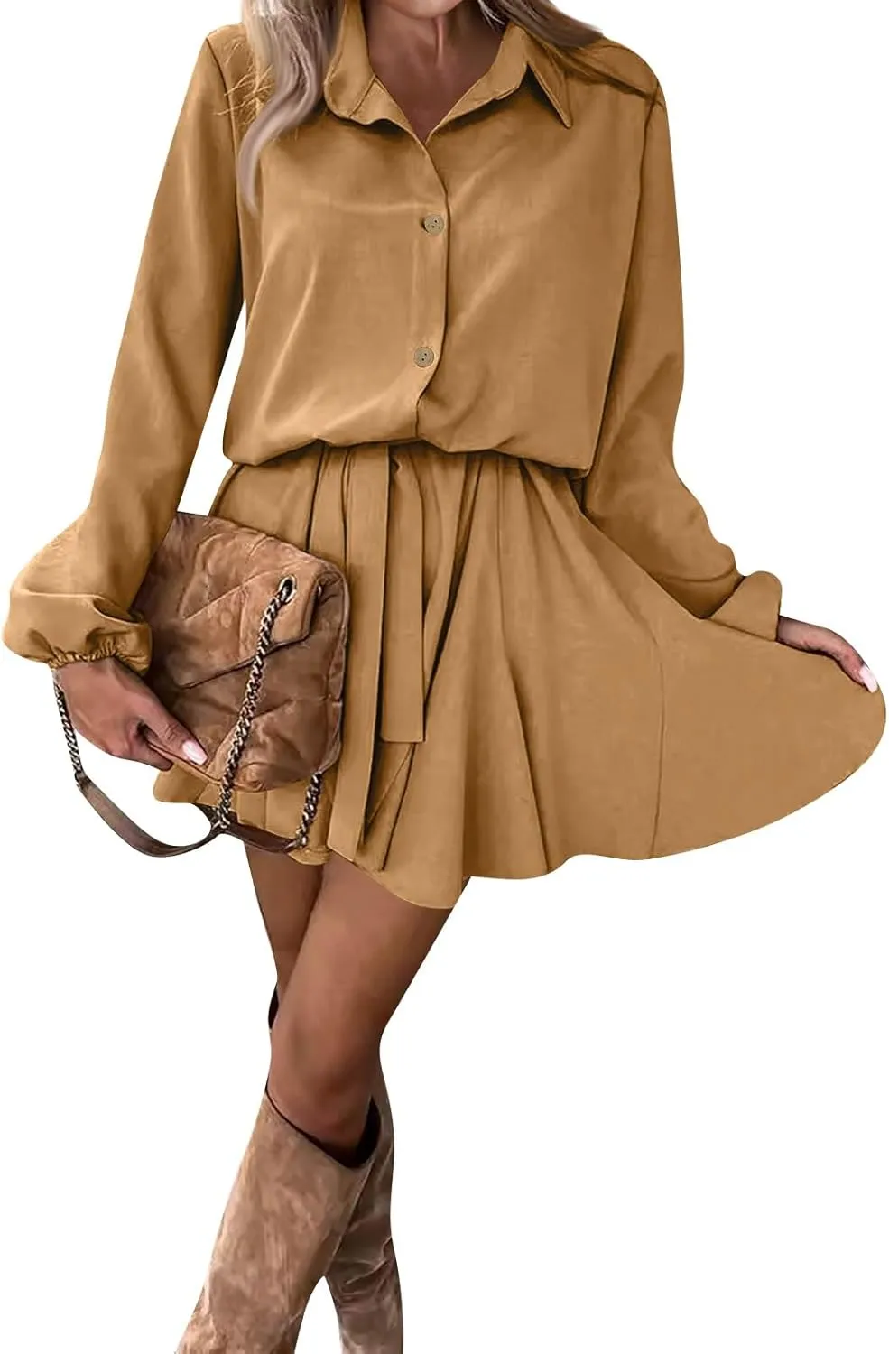 Womens Shirt Dresses Long Sleeve Collar Button Up Work Flowy A-Line Tie Waist Short Mini Dress with Pockets