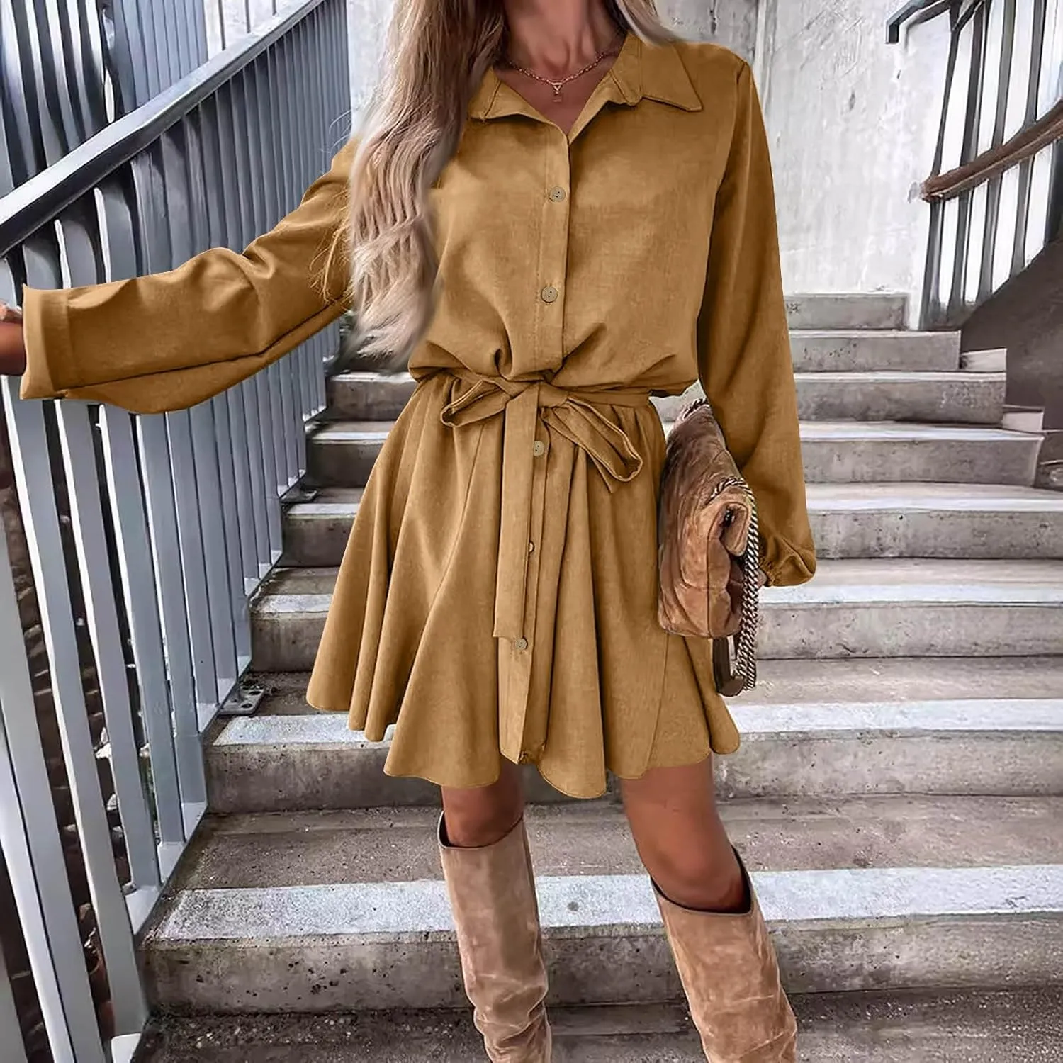 Womens Shirt Dresses Long Sleeve Collar Button Up Work Flowy A-Line Tie Waist Short Mini Dress with Pockets