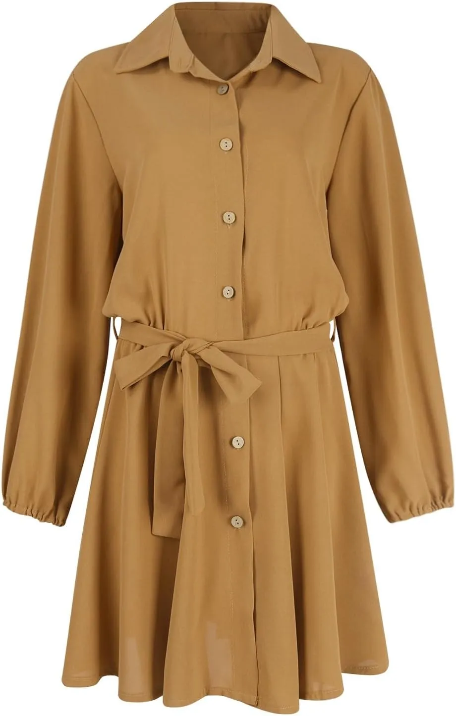 Womens Shirt Dresses Long Sleeve Collar Button Up Work Flowy A-Line Tie Waist Short Mini Dress with Pockets