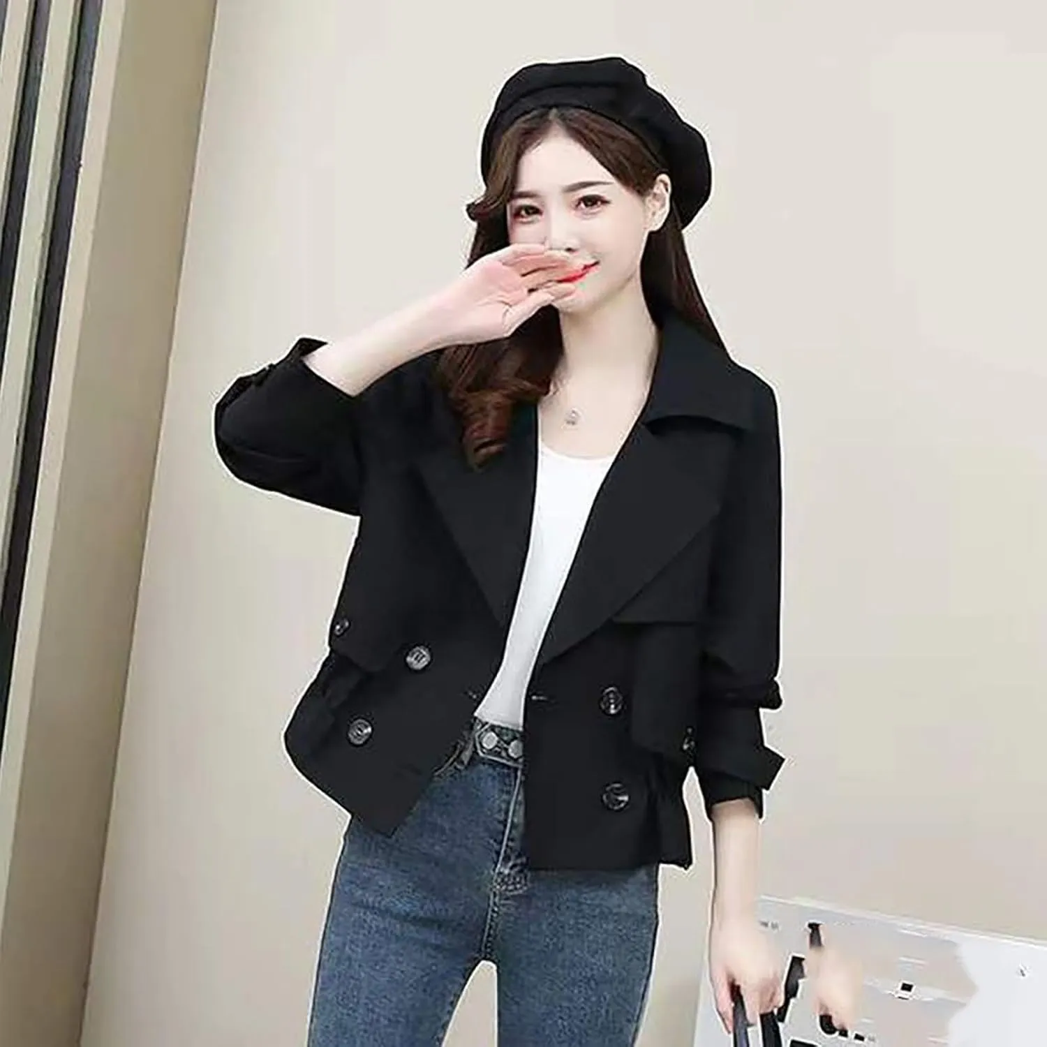 Women's short trench coat, Korean-style loose work jacket for spring and autumn