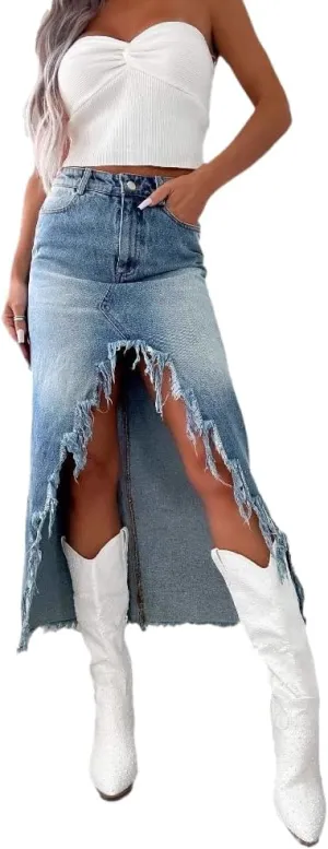 Womens Slit Denim Skirt 2025 Summer Retro Midi Jean High Waisted Button Frayed A-Line Y2K Skirts with Pockets