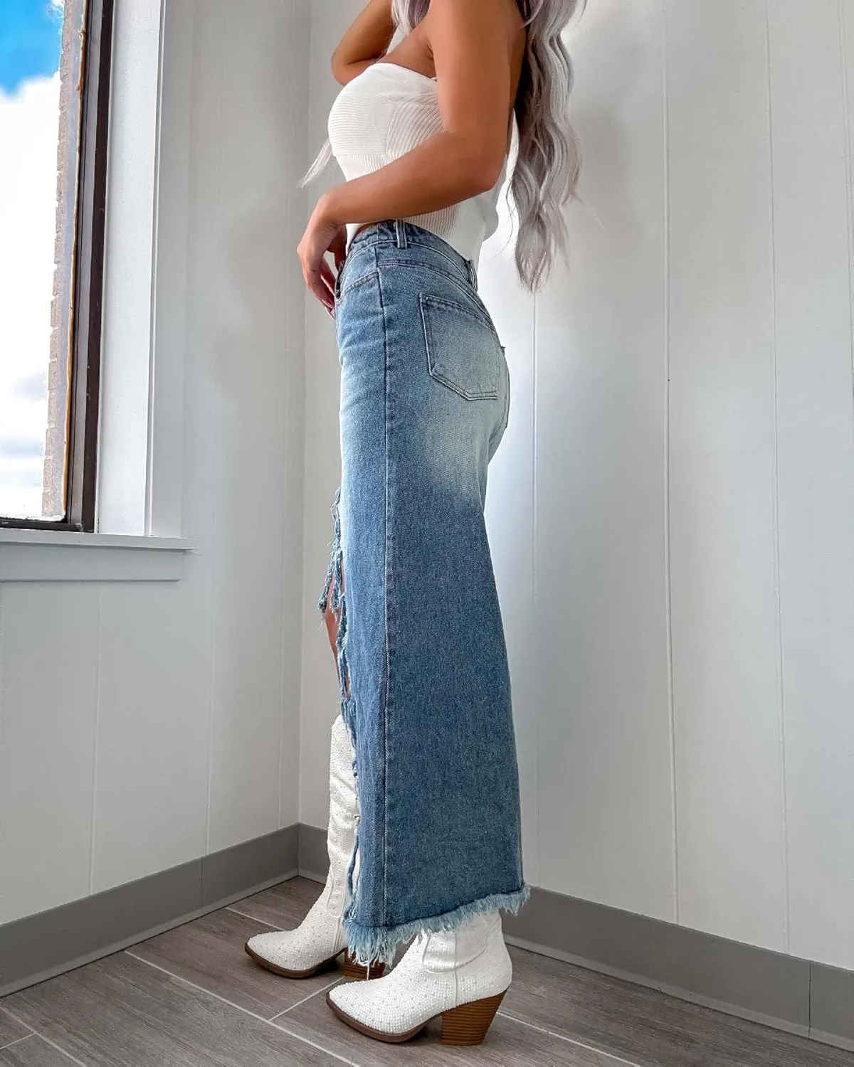 Womens Slit Denim Skirt 2025 Summer Retro Midi Jean High Waisted Button Frayed A-Line Y2K Skirts with Pockets