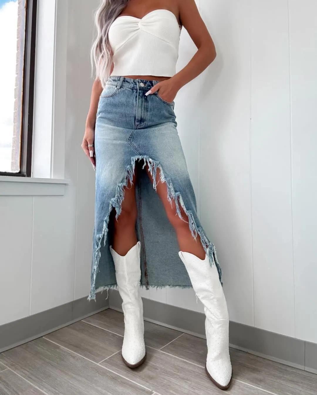 Womens Slit Denim Skirt 2025 Summer Retro Midi Jean High Waisted Button Frayed A-Line Y2K Skirts with Pockets