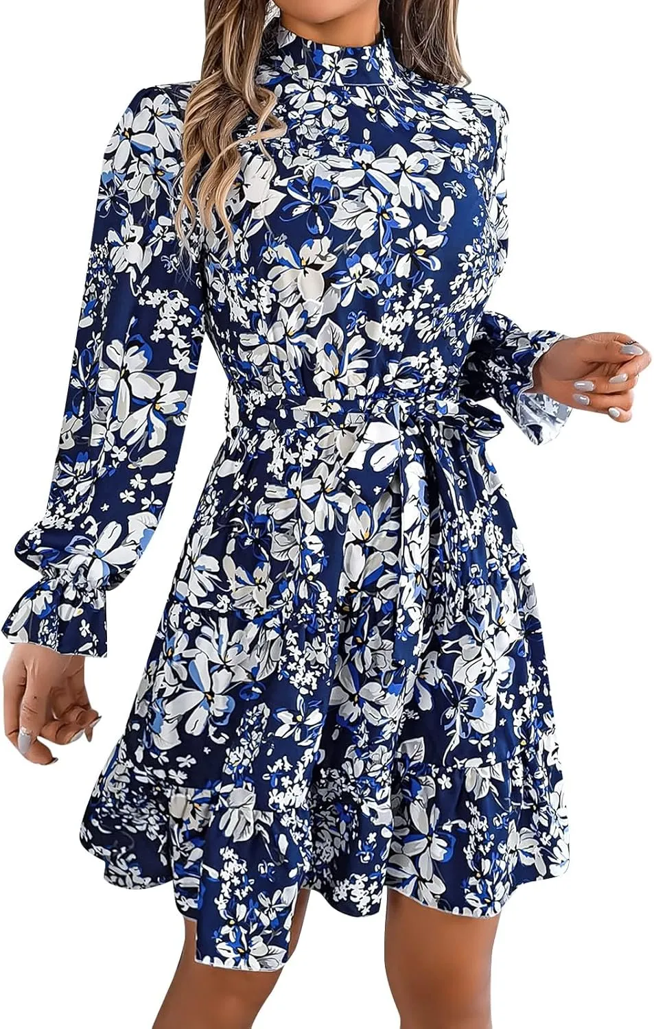 Women's Spring Dress Midi Long Puff Sleeve Wrap V Neck Flowy Pleated Ruffle Dresses Casual A Line Dress with Belt